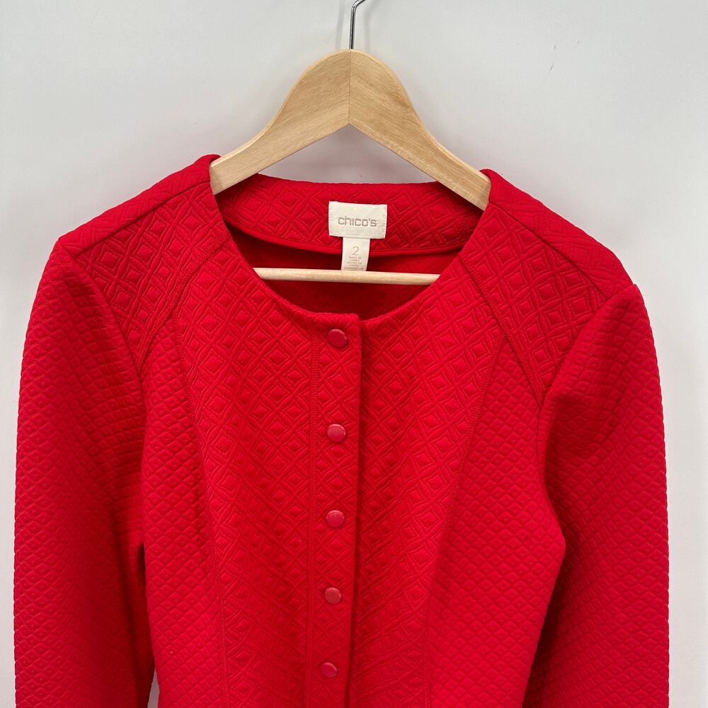 CHICO'S Red Quitled Textured Snap Closure Knit Jacket Blazer // L - Picture 2 of 13